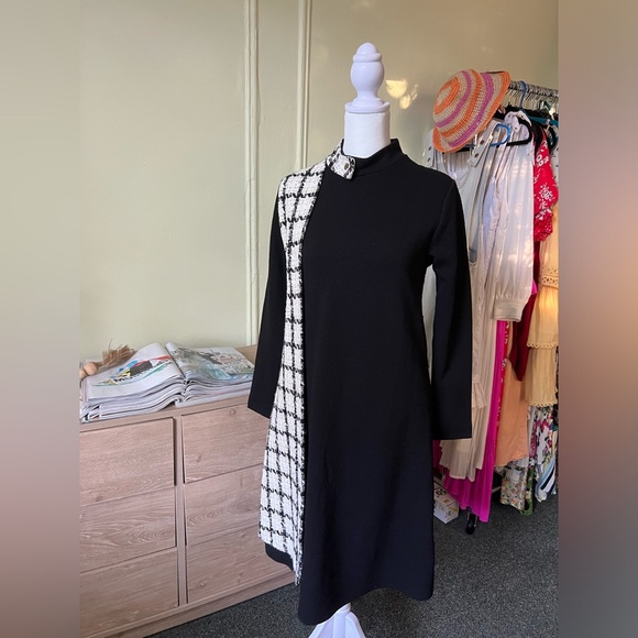 White Gold Tweed & Black Colorblock Mockneck Thick Modest Formal Pencil Dress S - Picture 2 of 16